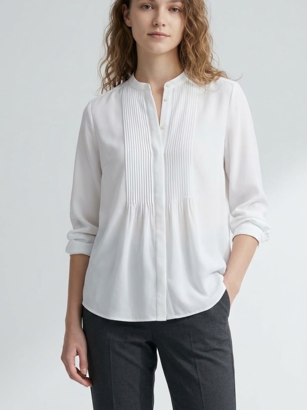 Uniqlo White Pintuck Long Sleeve Blouse Size M Womens Mandarin Collar Tunic Top